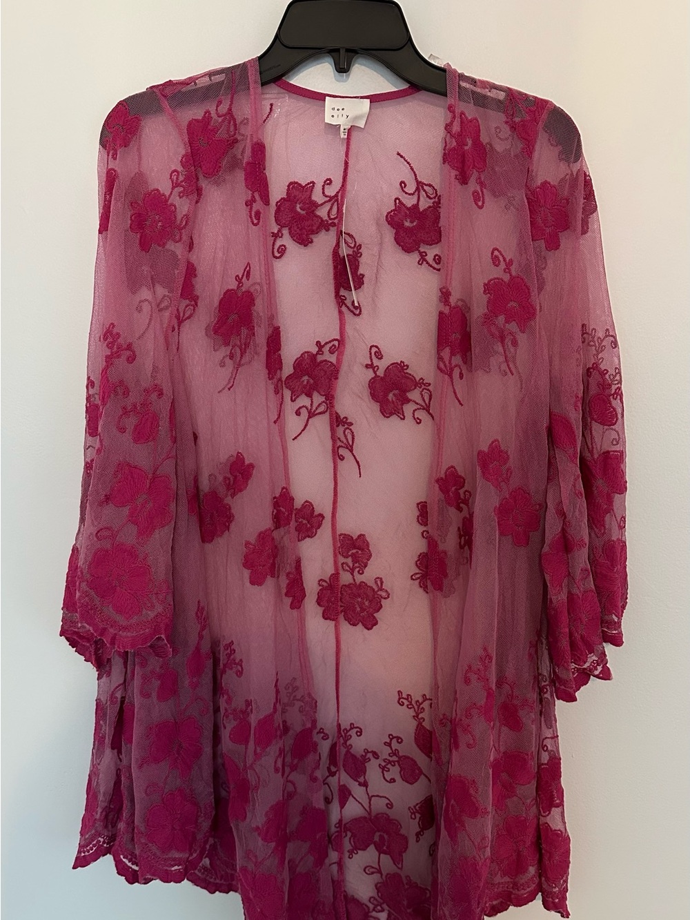 Francesca's Collections Sheer Floral Embroidered Kimono - Fuchsia